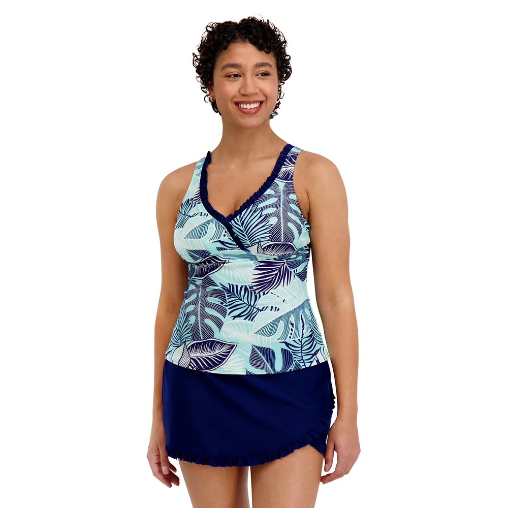 ZeroXposur Womens 2 Piece Ruffle Tankini Set Blue Floral Size L